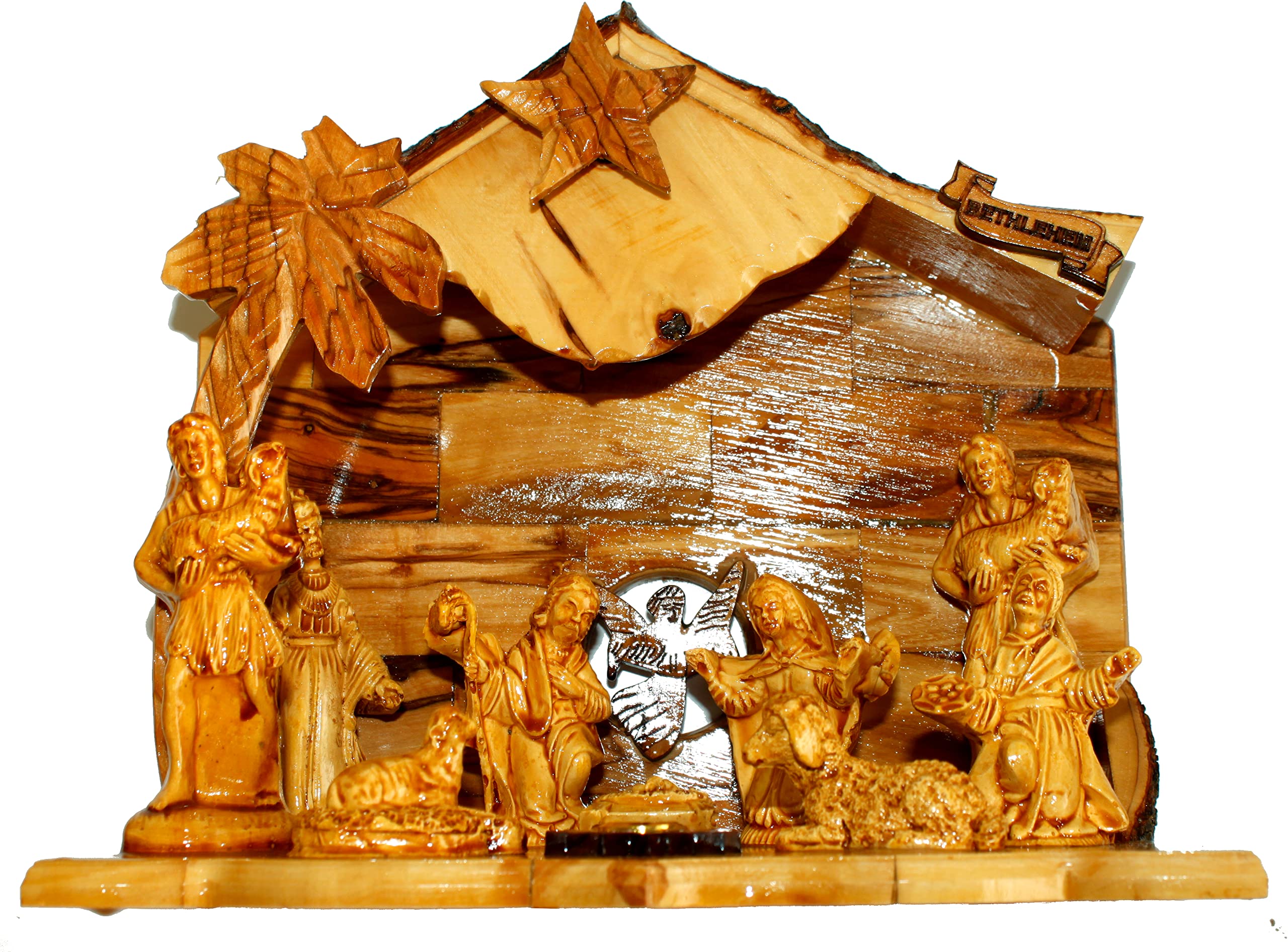 Holy Land Market Presepe musicale in legno d'ulivo con stalla rustica (tetto di corteccia), pezzi in alabastro incollati (larghezza 20 cm, altezza 19 cm)