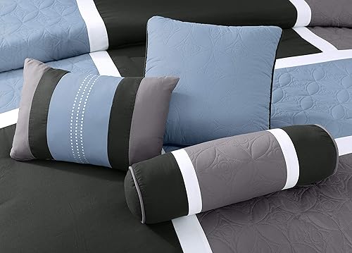 Miniatura 3 de Chezmoi Collection Upland - Juego de edredón acolchado de 7 piezas, grisazul clarocarbón, tamaño queen