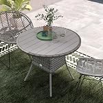 Outsunny 35.4" Outdoor Wicker Dining Table, PE Rattan Patio Furniture with Wood-Plastic Composite Top, Metal Frame Round Garden Table for Balcony, Garden, Grey
