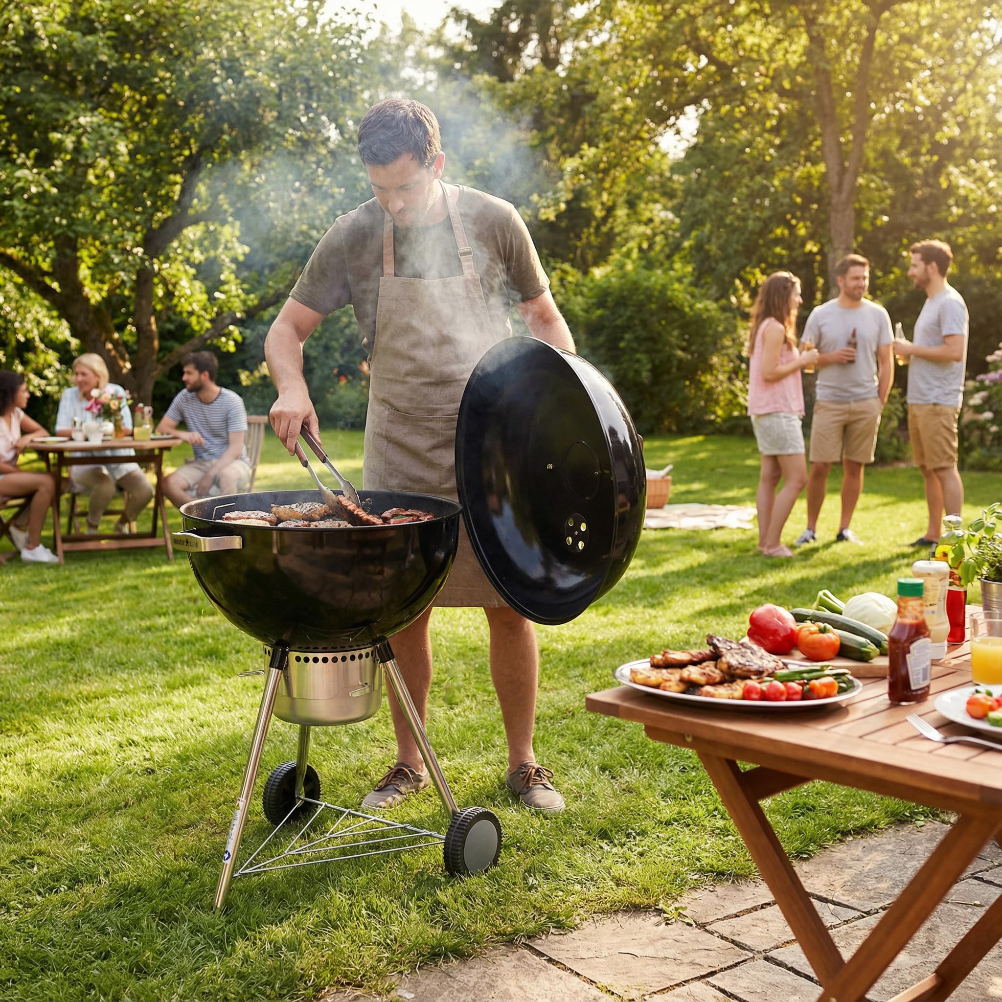 MasterCook - Barbecue a Carbonella Diametro Griglia 57 cm, Barbecue con Ruote e Coperchio, BBQ a Carbone Dotato di Termometro e Sistema Raccogli Cenere, Altezza Griglia da Terra 78 cm (Ketty Nero)