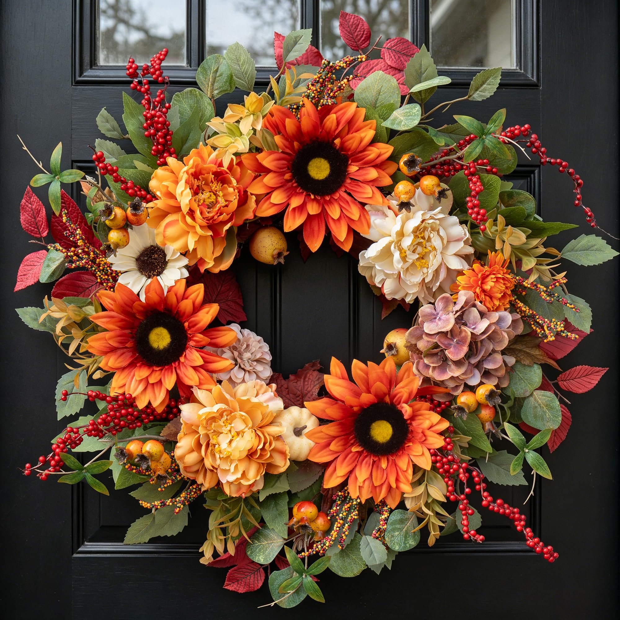 Pinkpuii 24 Inch Harvest Wreath with Sunflowers and Peonies