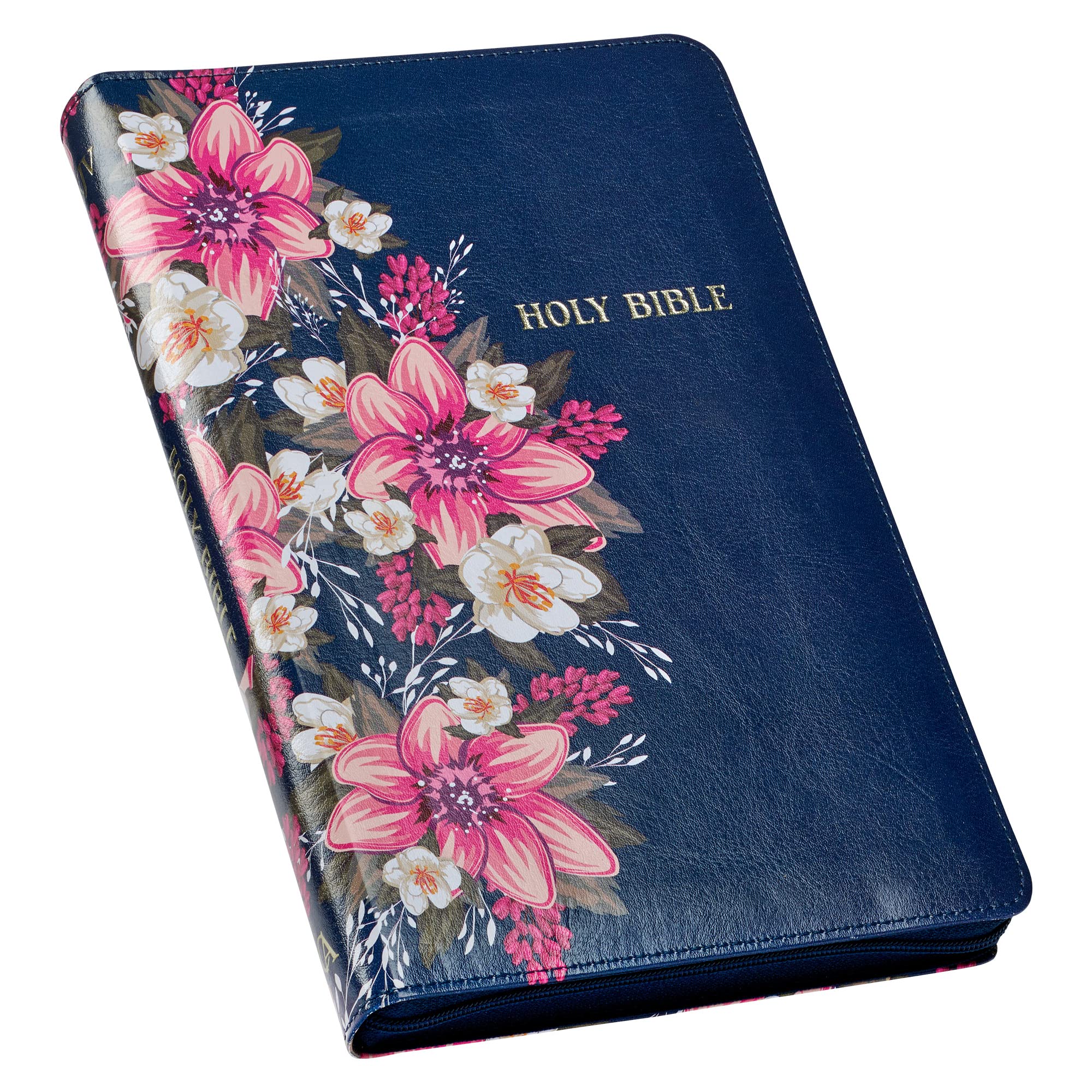 KJV Holy Bible Standard Size Faux Leather Red Letter Edition Thumb Index & Ribbon Marker, King James Version, Blue Floral, Zipper Closure