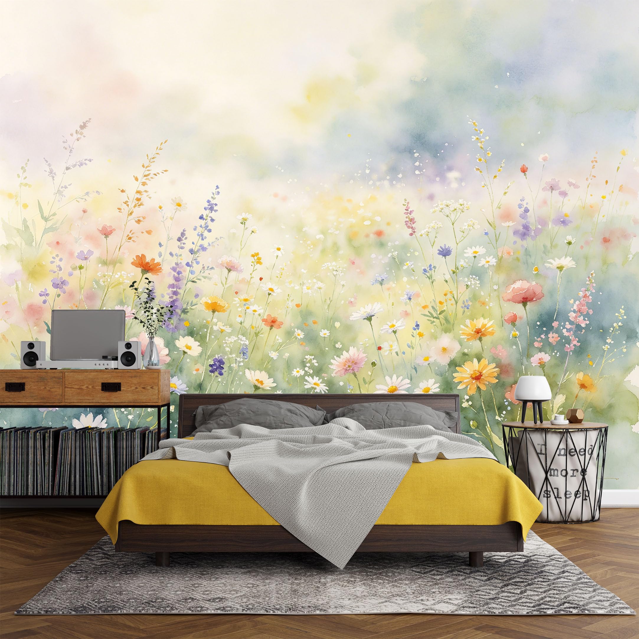 Custom Size Wall Mural， Botanical Watercolor Wildflower Meadow Pastel Floral Landscape，SelfAdhesive Art Prints wall Fabric (No PVC) Removable Wallpaper Living Room Decor