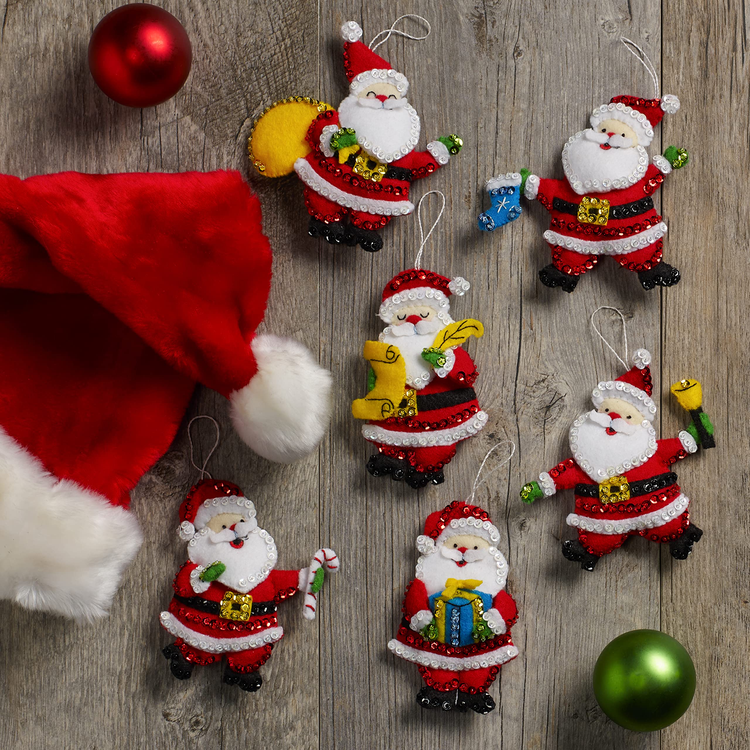 Bucilla Felt Applique 6 Piece Ornament Making Kit, The Claus Collection, Perfect for DIY Arts and Crafts, 89497E