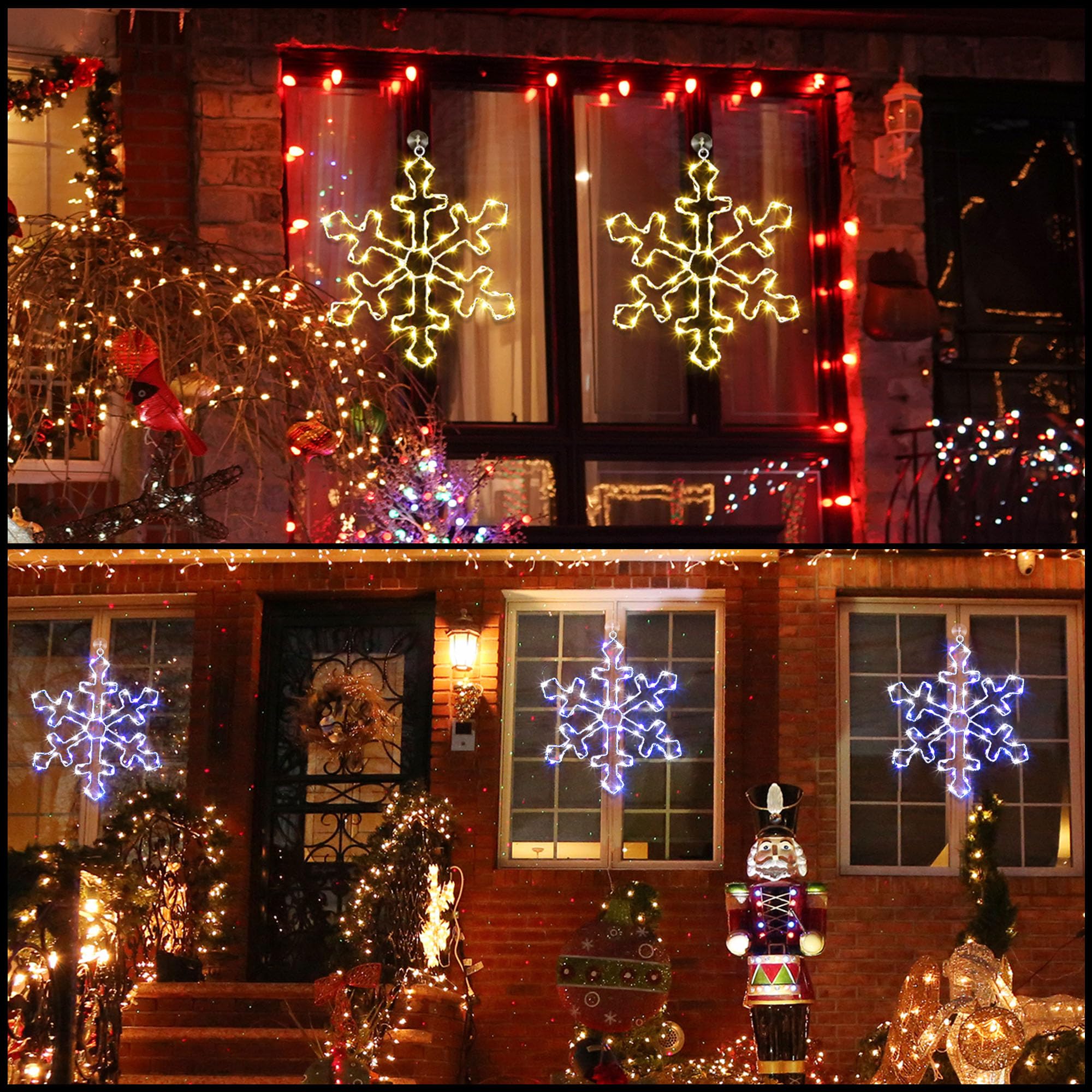 Hiboom Lot de 3 silhouettes lumineuses de Noël à 70 DEL en forme de flocon de neige de 30,5 cm, alimentées par piles, 8 modes d'éclairage pour décoration de Noël (blanc chaud)