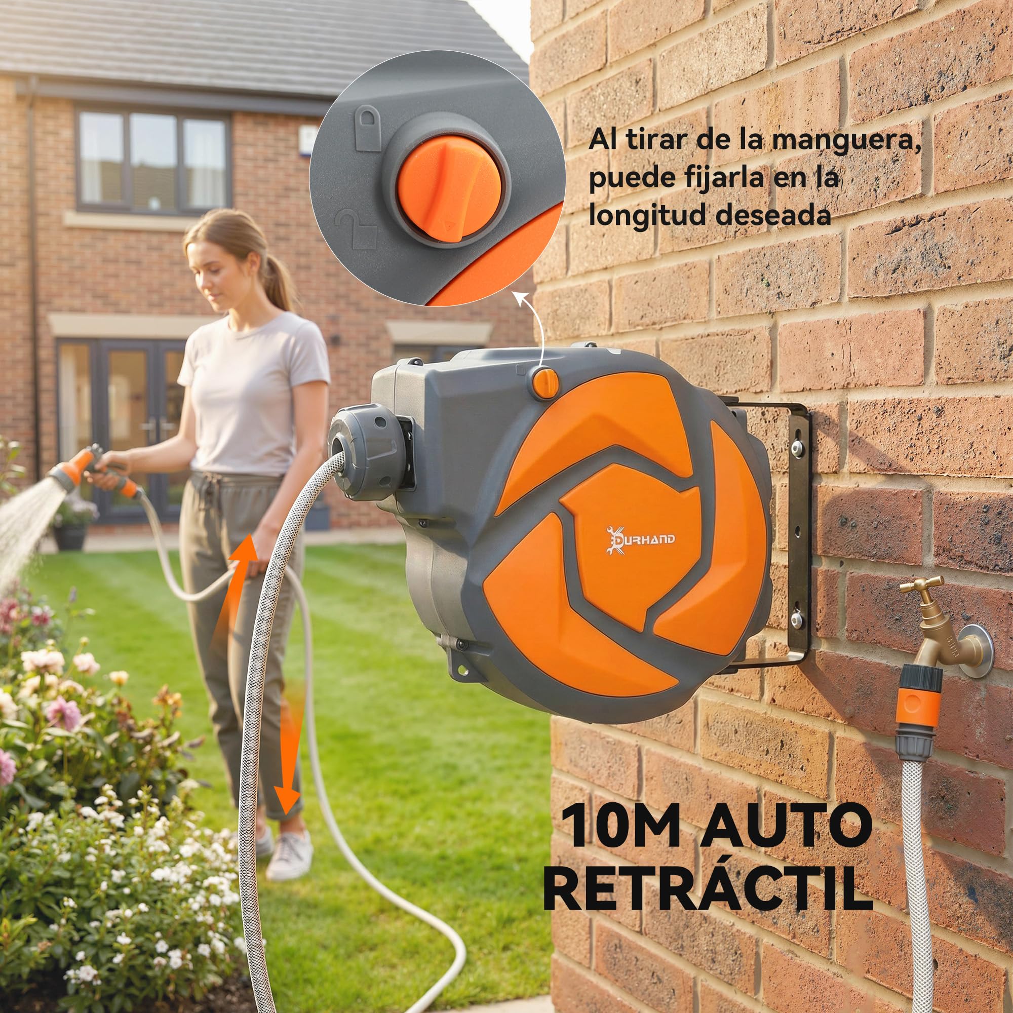 DURHAND Avvolgitubo da giardino 10+1 m con ugello a 7 funzioni, bobina avvolgitubo da giardino a parete, girevole a 180°, con riavvolgimento automatico, grigio scuro e arancione