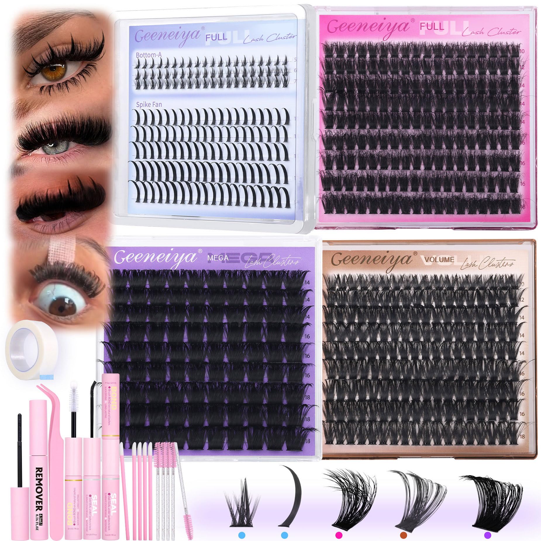 Geeneiya 5 Styles Lash Clusters Kit, Volume/Mega/Full/Bottom Eyelash Clusters Extensions with Lash Bond and Seal, Remover and Lash Extension Tools for