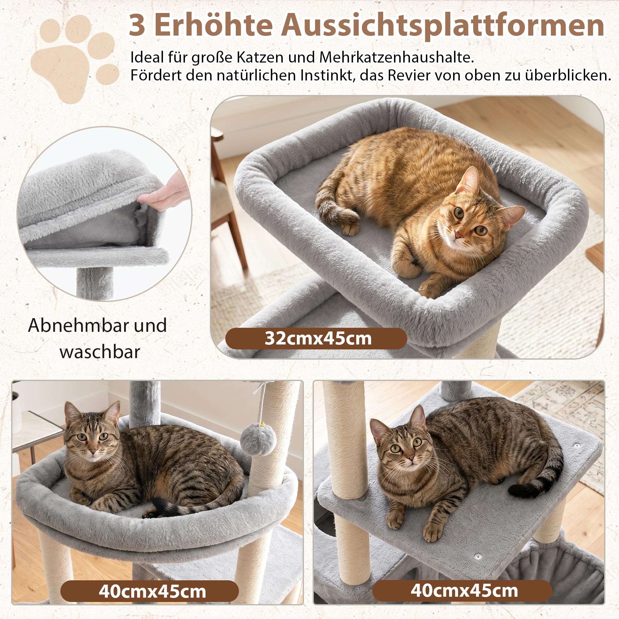 Gitelsnour Kratzbaum stabil, 181 cm hoher Katzenbaum für große Katzen mit 2 Katzenhöhlen, 3 Aussichtsplattformen und 2 Hängekörben, vollverkleidete Sisal-Kratzsäulen & Spielzeuge, Hellgrau GCT801W