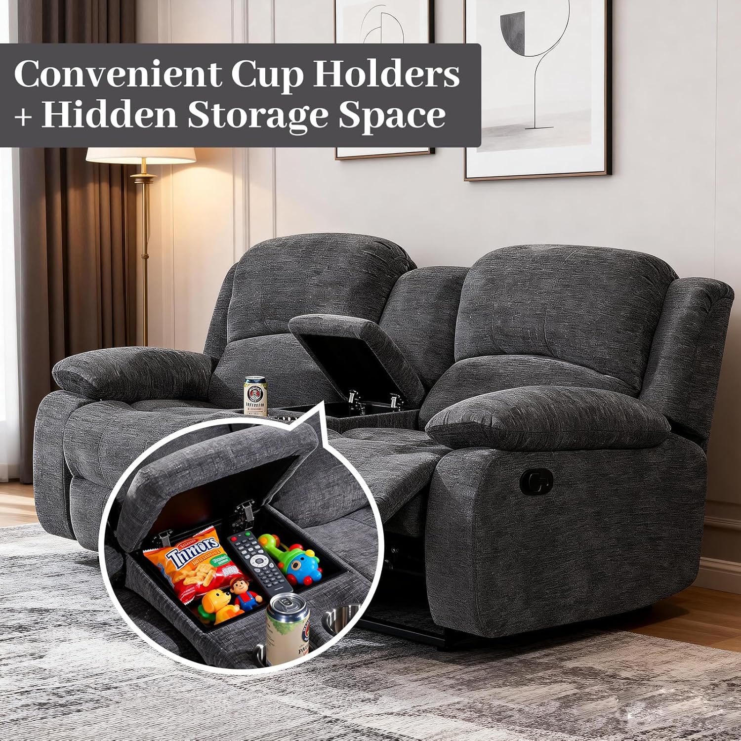 Betsy Furniture Soft Microfiber Reclining Sofa Set, Drop Down Table, Cupholder Console, Living Room Set, Sofa Loveseat Glider Chair 8018M (Dark Grey, Sofa+Loveseat+Chair)