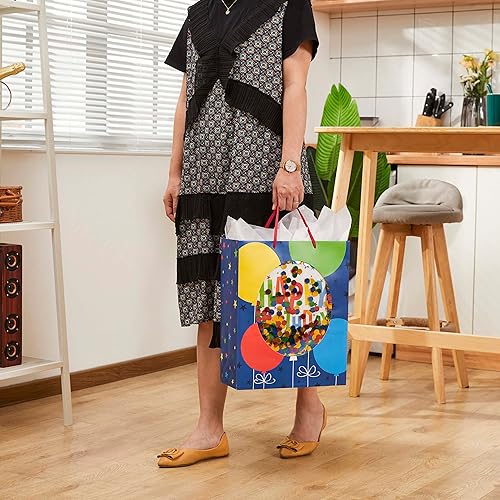 Miniatura 7 de SUNCOLOR Bolsa de regalo extragrande con ventana de confeti, papel azul, 15.7 x 12.6 x 5.7 pulgadas, diseño de globos de cumpleaños, incluye papel