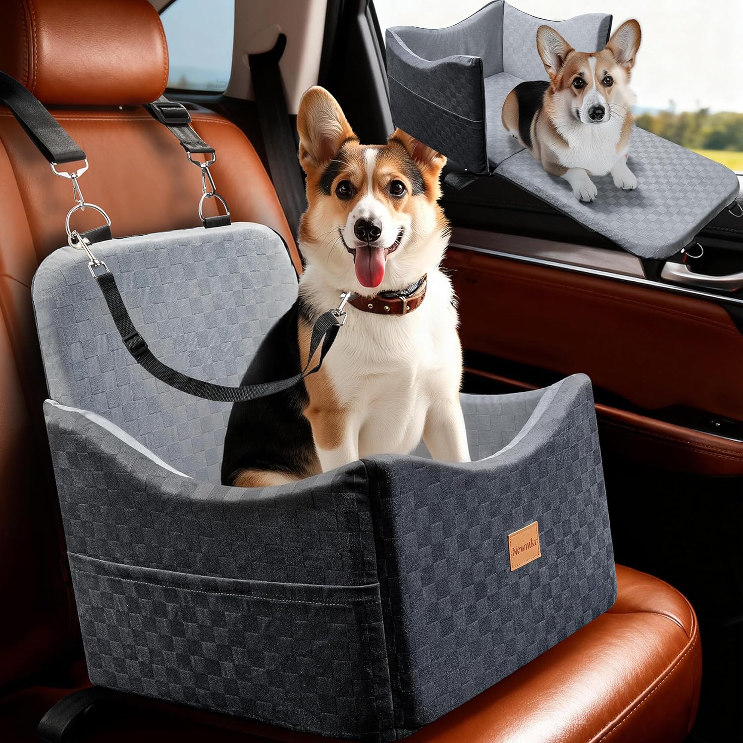 2 in 1 Dog Car Seat Bed for Small/Medium Dogs Up to 35 lbs, Travel Dog Booster Seat with Memory Foam Thick Cushion, Safety Belts&Storage Pockets, Removable Washable Bed Fits Front or Back Seat