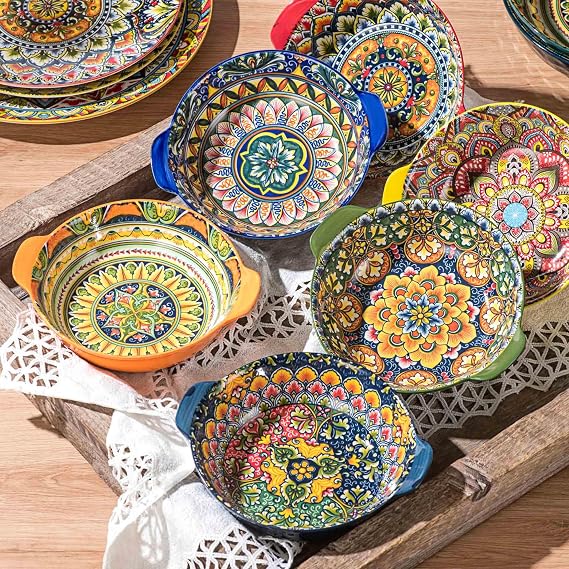 Henten Home Porcelain 10 Inch Dinner Plates Set of 6 & Ceramic Soup Bowls Set of 6, with Handle, Bohemian Style, Dishwasher & Microwave Safe