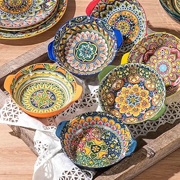 Henten Home Porcelain 10 Inch Dinner Plates Set of 6 & Ceramic Soup Bowls Set of 6, with Handle, Bohemian Style, Dishwasher & Microwave Safe
