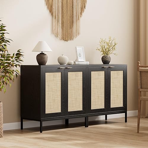 Miniatura 2 de Gabinete de buffet, armario de almacenamiento bohemio con estantes ajustables, aparador de café con puerta decorada de ratán, mesa consola de