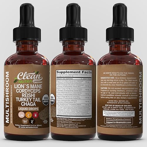 Miniatura 9 de Clean Nutra - Suplemento orgánico de hongos de melena de león, gotas líquidas + cola de pavo Cordyceps Reishi Chaga Shitake Maitake Tremella Setas