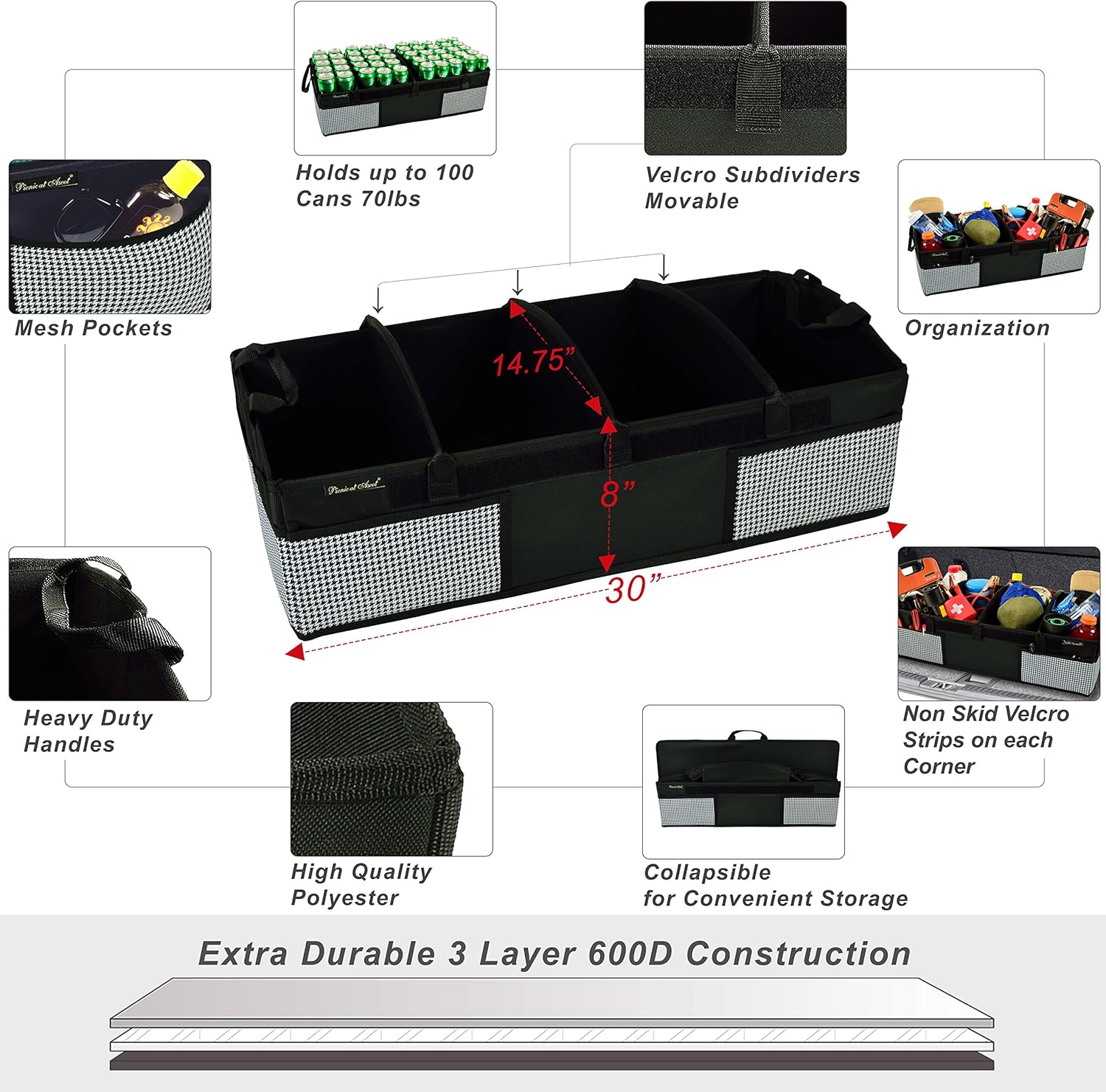 Picnic at Ascot - Heavy Duty Trunk Organizer - No Slide Rigid Base -70 LB Capacity - 30" x 15" - Houndstooth - Pack of 2