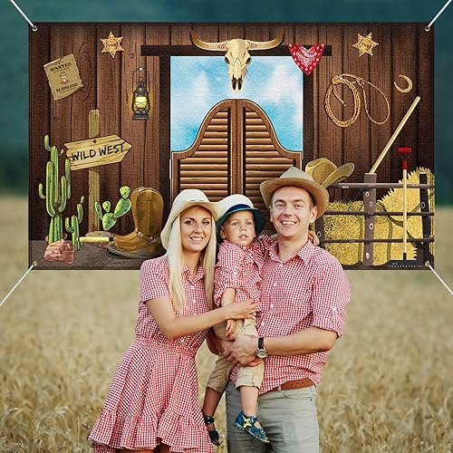 Miniatura 5 de Decoraciones de fiesta occidental, 70.8 x 43.3 pulgadas, fondo grande de vaquero con temática occidental, decoración rústica del salvaje oeste,