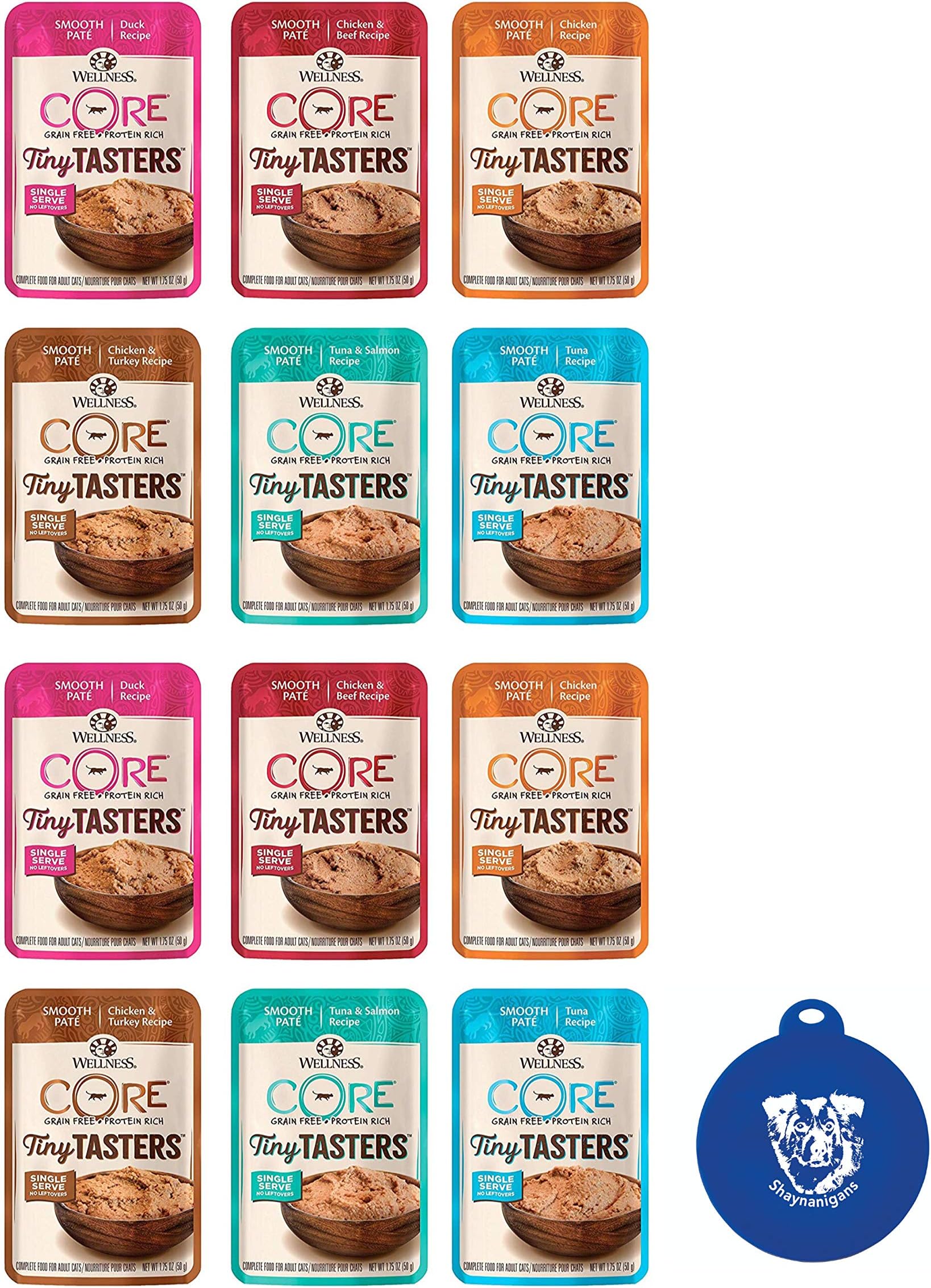Wellness CORE Tiny Tasters Wet Cat Food Pate in 6 Flavors: (2) Tuna, (2) Duck, (2) Chicken, (2) Chicken/Beef, (2) Tuna/Salmon, (2) Chicken/Turkey (12 Pouches Total, 1.75 Ounces Each) Plus Silicone Lid