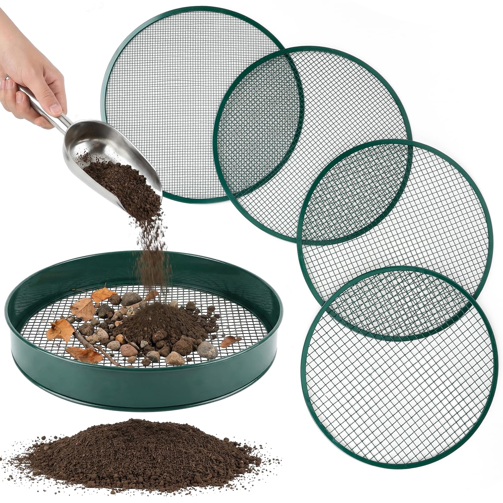 UNIFAMILY Garden Sieve Metal, 12" Green Garden Sieve for Soil and Stones, Soil Sieve with 4 Interchangeable Filter Mesh Sizes 3,6,9,12mm and Shovel for Gardening