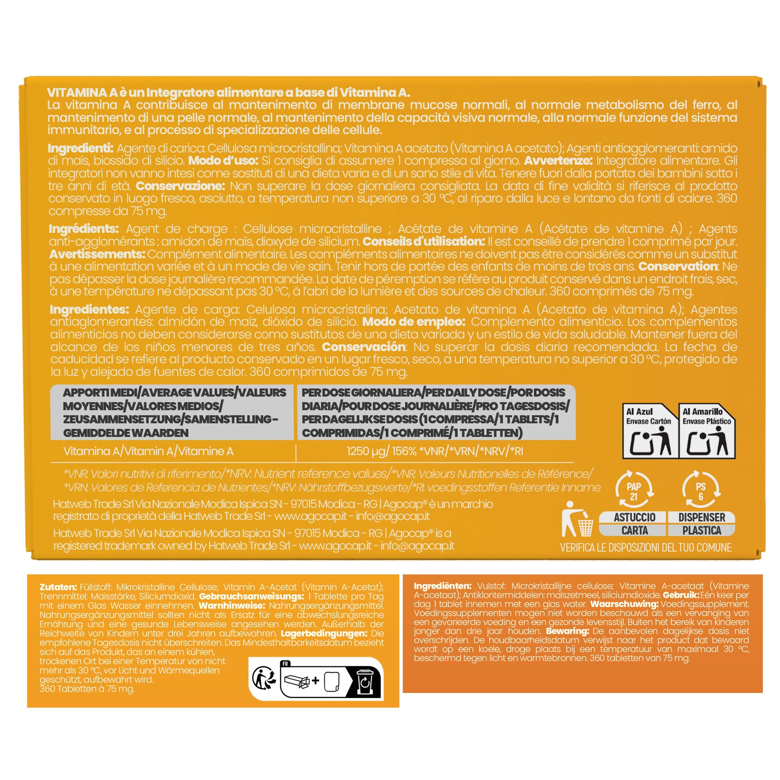 Vitamina A pura, 360 microcompresse ad alto dosaggio | 1200mcg per compressa di Vitamina A, 4000ui ad alta biodisponibilità | Agocap, Integratore Vitamin A, fatto in Italia