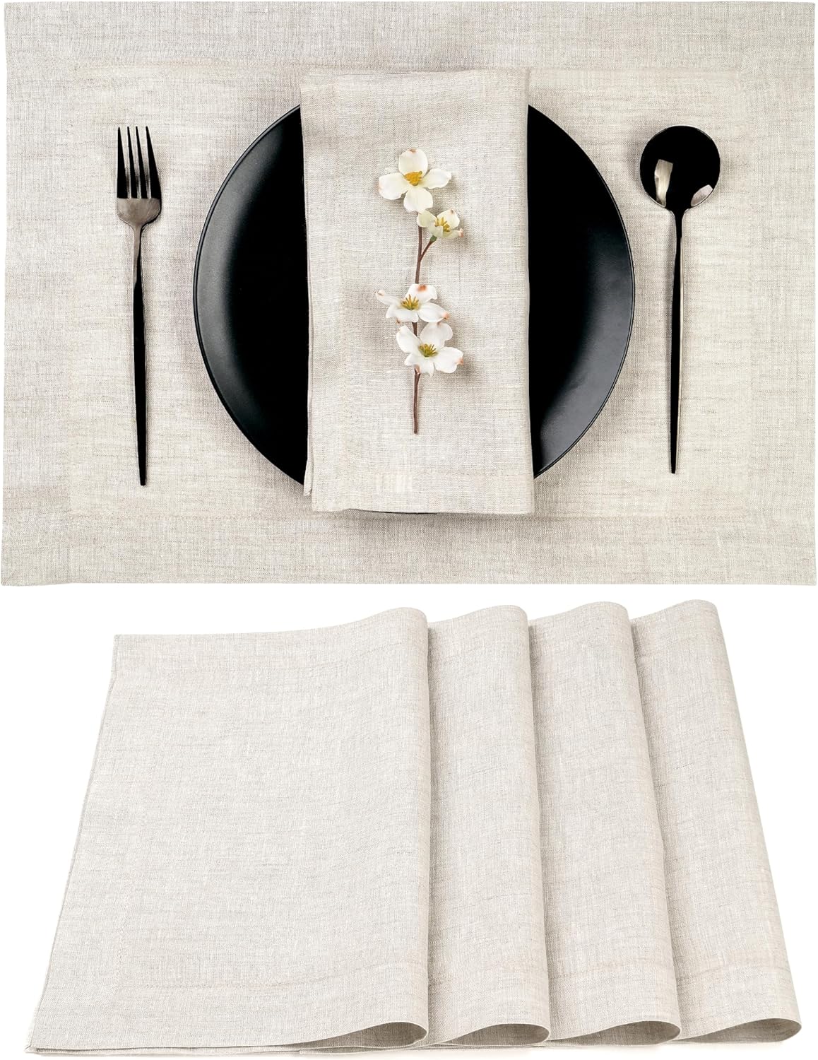 D'Moksha Homes Linen Placemats 14 x 19 Inch - Light Natural Placemats Set of 4-100% Pure Linen Table Place Mats for Mothers Day, Spring, Easter - Handcrafted and Machine Washable