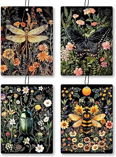 Vintage Butterfly Bee Dragonfly Cologne Car Scents Air Freshener 4 Pcs, Cottagecore Flower Plant Hanging Air Freshener for Closet Drawer Books Bathroom, Retro Car Accessories Decor for Women