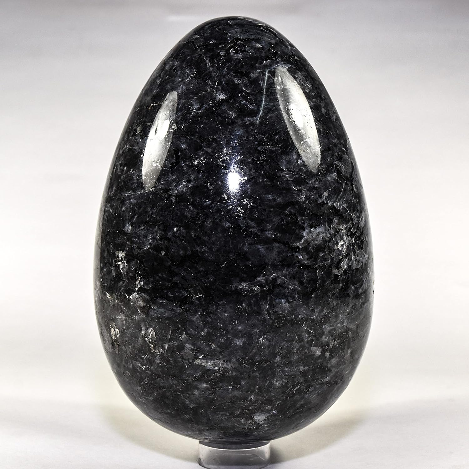 7.3" 8.4lb King Size Larvikite Egg Natural Feldspar Mineral Sparkling Black Moonstone w/Labradorite Crystal Polished Gemstone - India + Wood Stand
