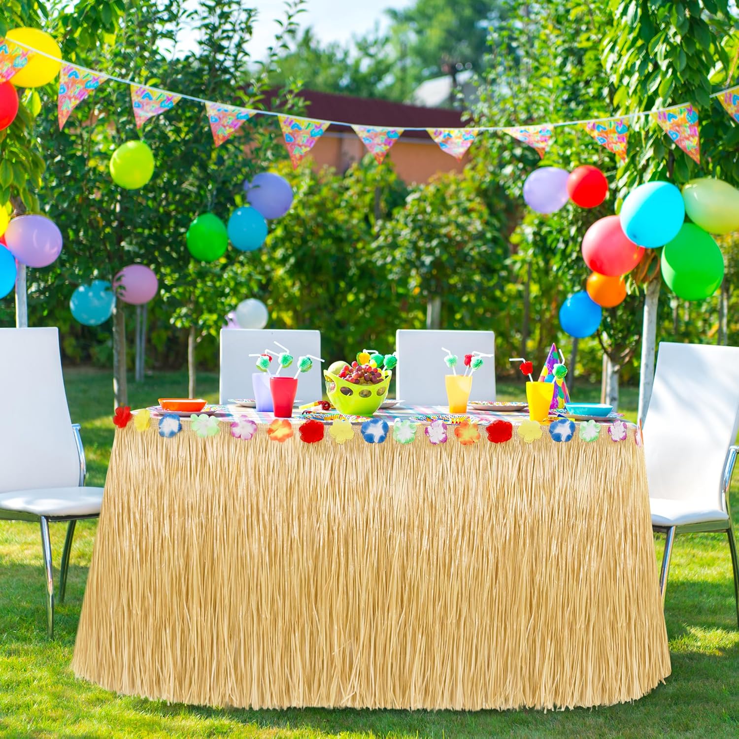 Luau Party Decorations, Natural Hawaiian Grass Table Skirt, Flower 108 X 29.5" Grass Skirts Tropical Luau Party Favors, Table Skirt for Luau Summer Tropical Indoor Outdoor Parties Decor Accessories - Image 4