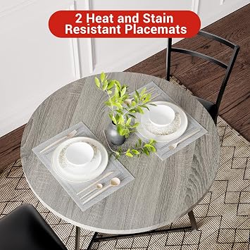 3 Piece Dining Table Set for 2, Round Kitchen Table and 2 Upholstered Chairs, Space Saving Bistro Set for Small Space, Studio Flat, Apartment, Home Office, Modern Grey Finish
