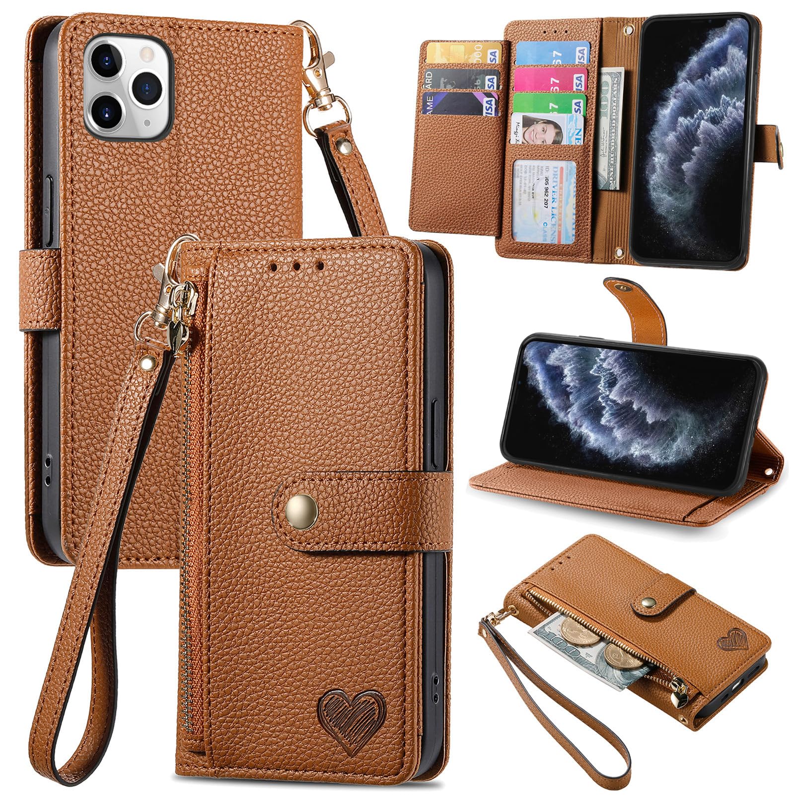 VEEMOS Zipper Wallet Case for Apple iPhone 11 Pro Max Phone Case with Purse Card Holders RFID Blocking Leather Flip Case Book Cover Wrist Strap Women
