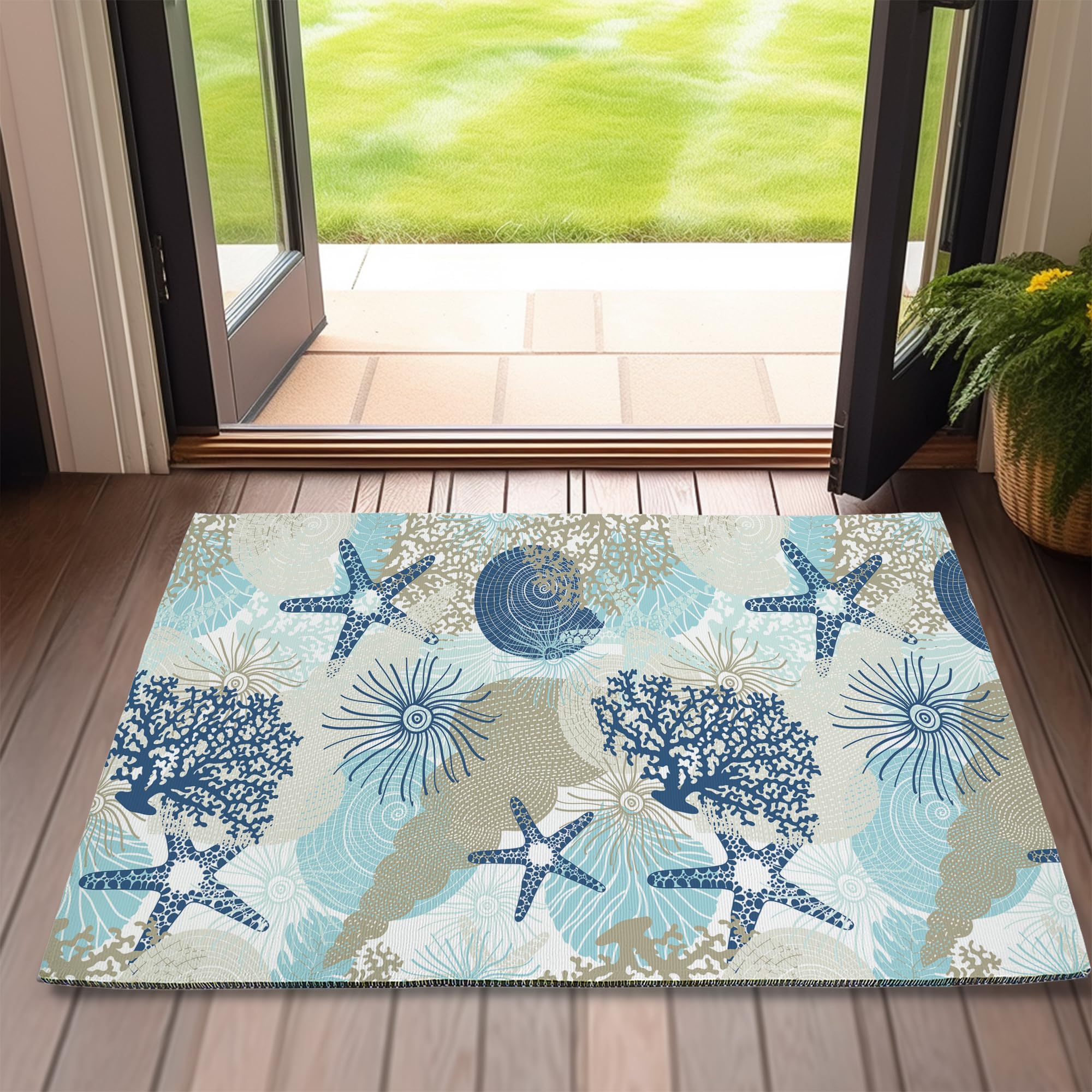 Beach Starfish Door Mats Outdoor Entrance,Cute Coral Seashell Doormat 17 X 30 Inch Waterproof All-Season Low-Profile Front Mat for Indoor Floor Home Entryway