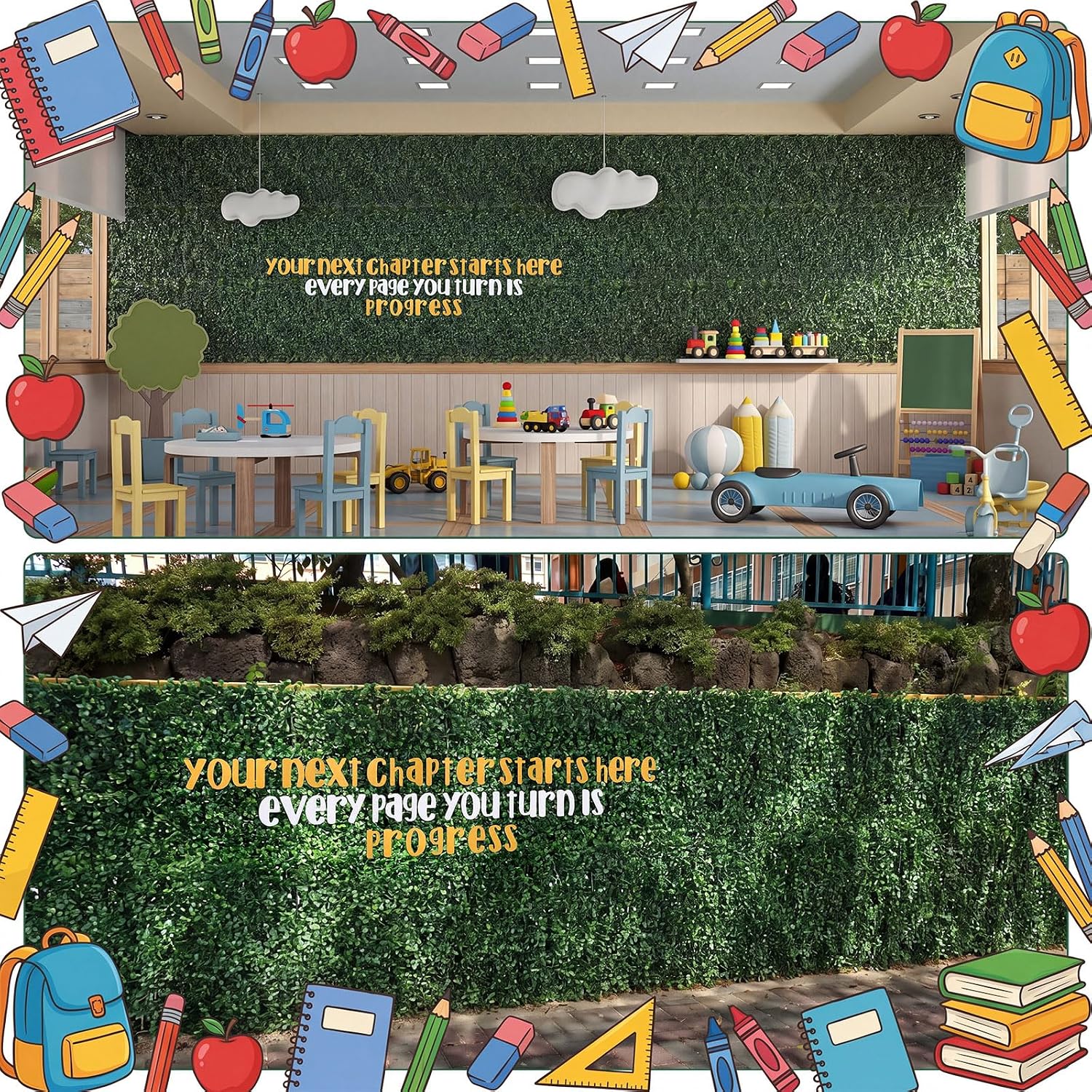 61 Pcs Classroom Grass Wall Panels 10"x10" Artificial Boxwood Bulletin Board Backdrop with Motivational Letters Classroom Greenery Backdrop for Back to School Blackboard Reading Corner Decor