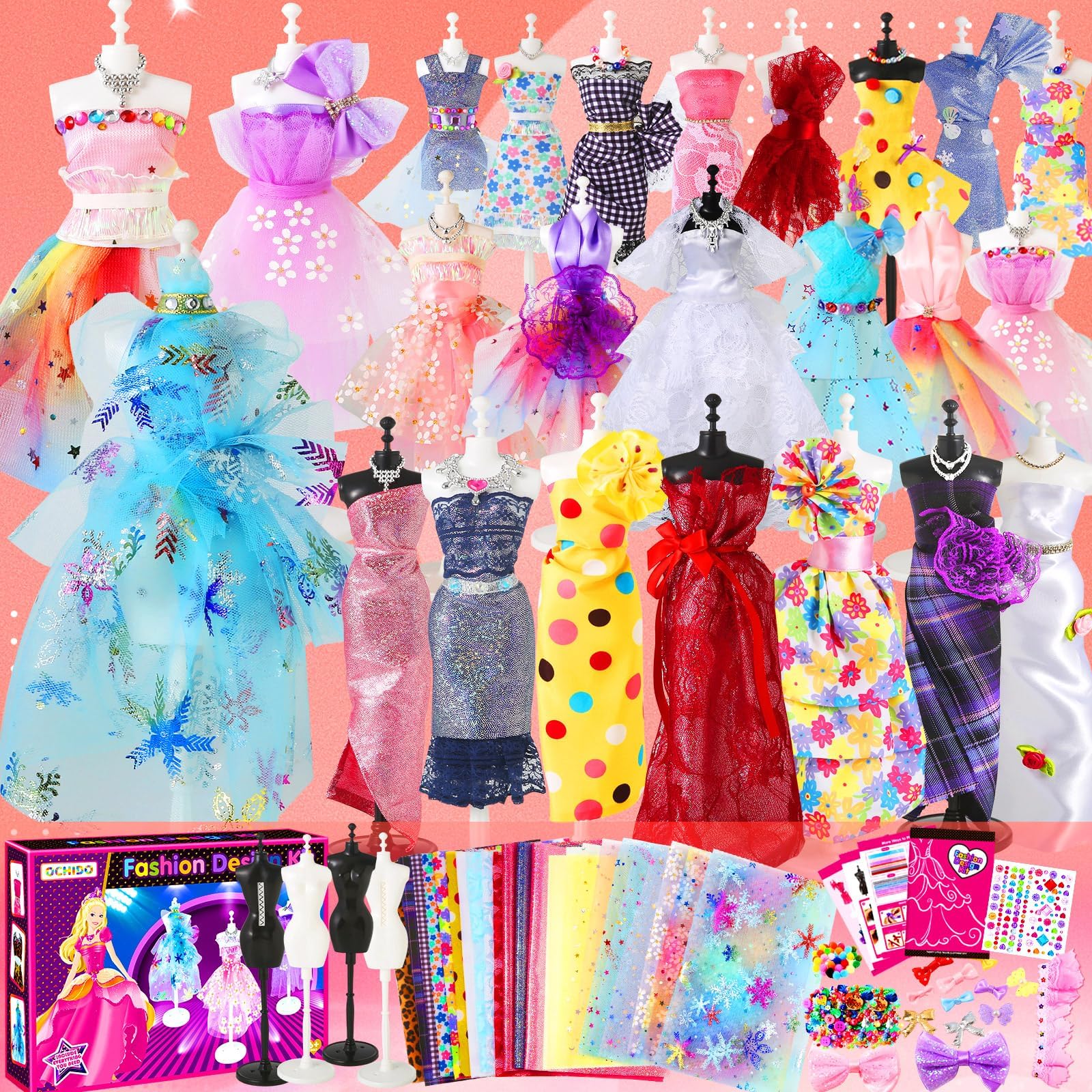 OCHIDO 600+Pcs Fashion Designer Kits for Girls 6 7 8 9 10 11 12 Years Old,DIY Arts & Crafts Set with 4 Mannequins,Sewing Kit for Kids for Birthday Christmas Gift for Ages Girls 6-8, 8-12