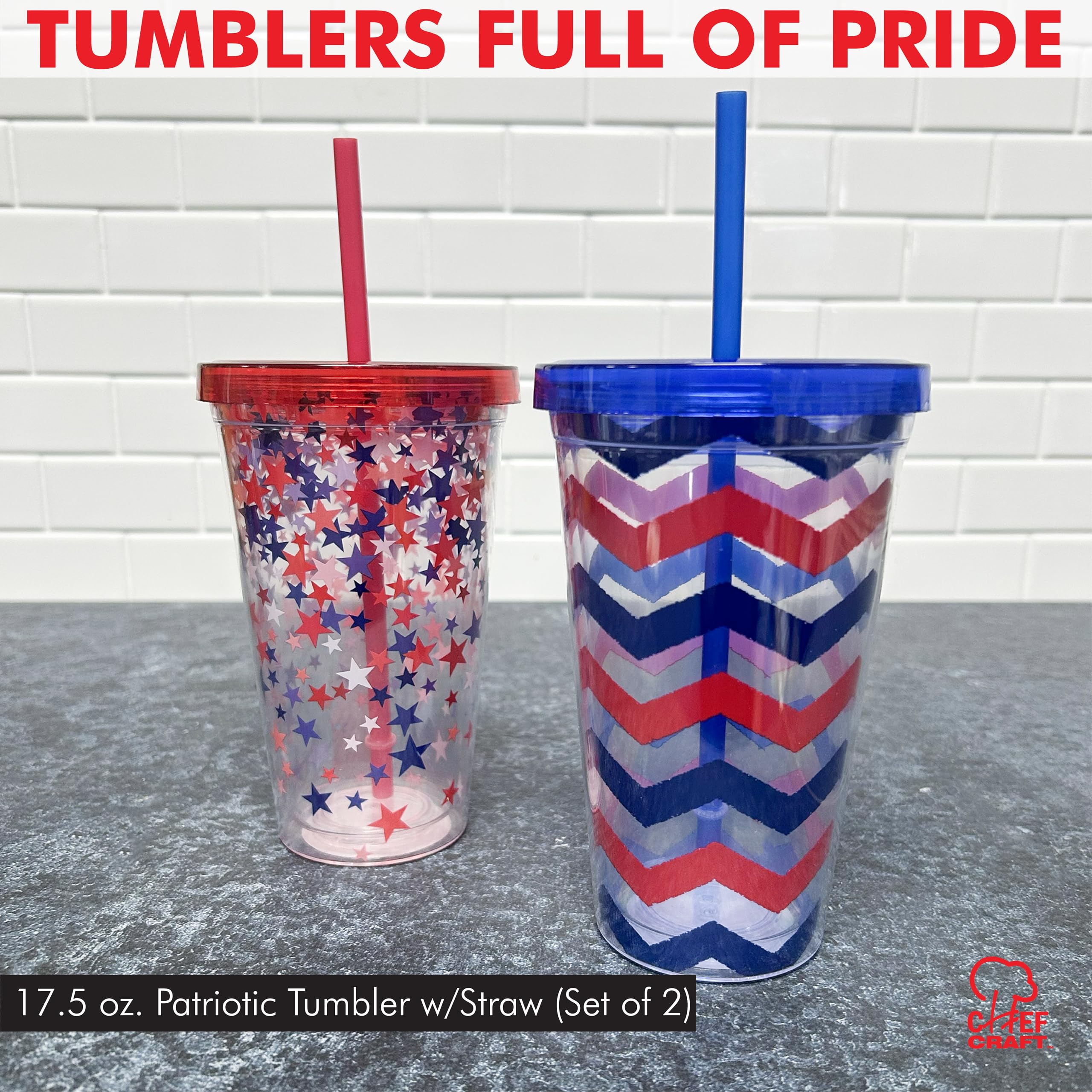 Condition photo showing As Is for chef craft 17.5 oz. patriotic tumbler w/straw pdq