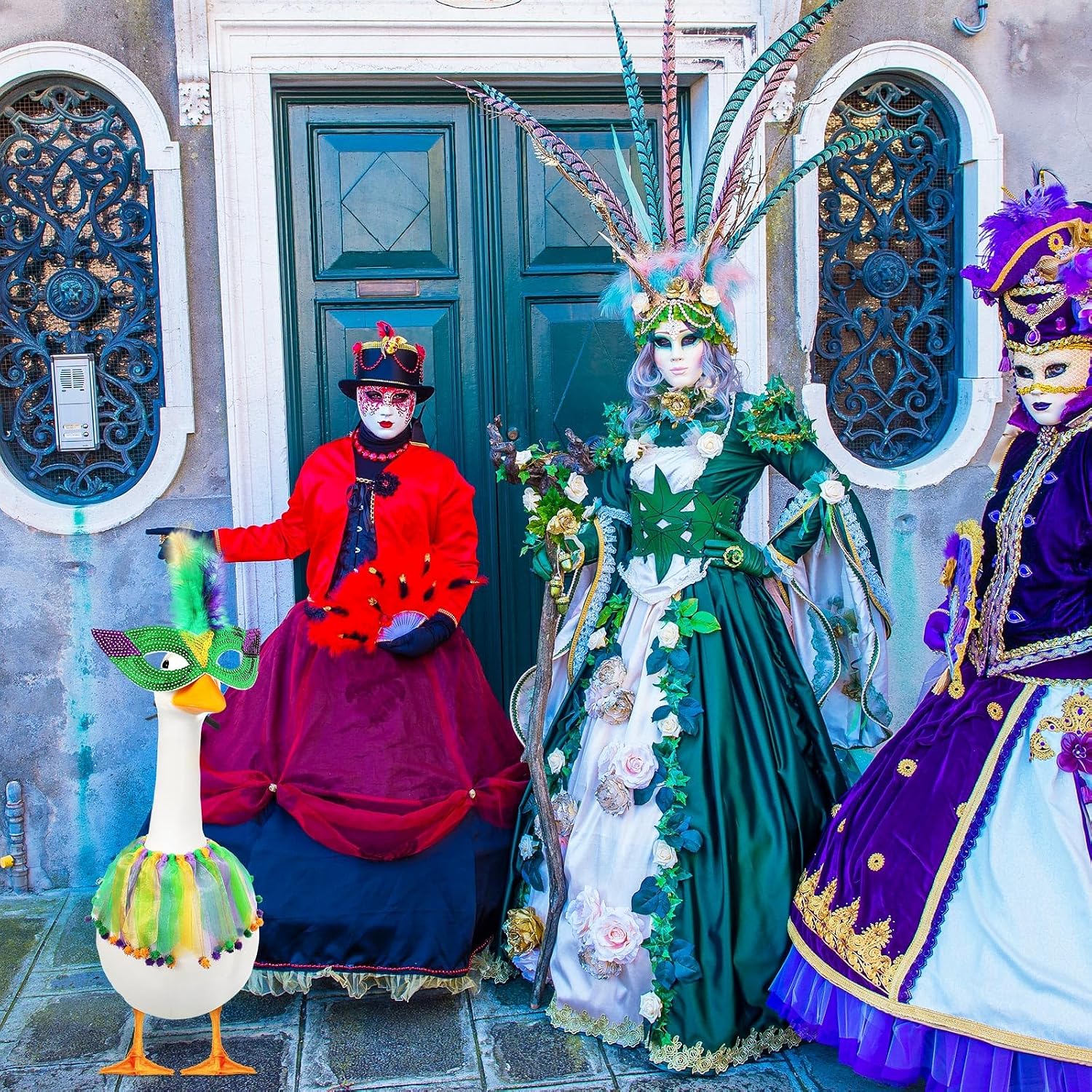 Mardi Gras Porch Goose Outfit 23/ 17'' Mask Green Yellow Purple Tutu Skirt Cloth for Goose Lawn Decor (Mardi Gras Mask)