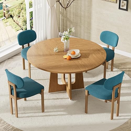 Miniatura 16 de Moderno juego de mesa de comedor de 5 piezas con 4 sillas, mesa de comedor redonda de madera de nogal MDF, sillas tapizadas de tela gris con patas