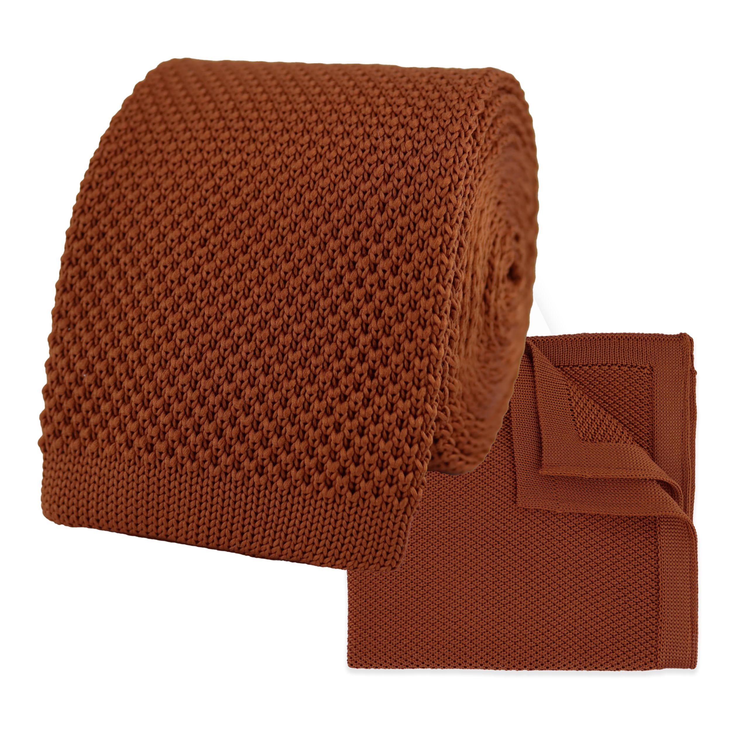 The Gents Lab Men's Rust Orange Knitted Square End Neck Tie & Matching Pocket Square Set Made From 100% Soft Polyester | Over 20+ Colours (Rust Orange)