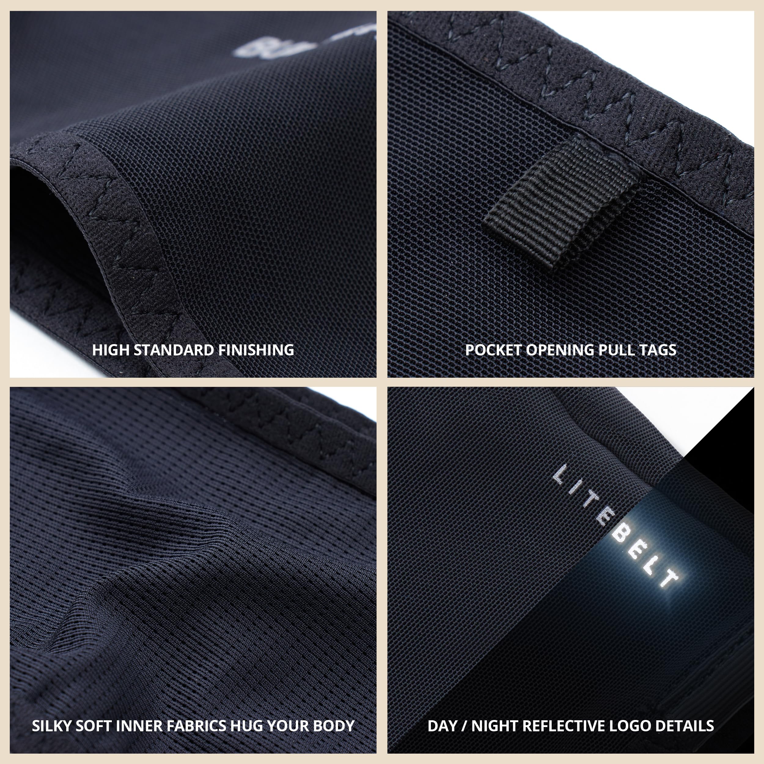 Build & Fitness LiteBelt Laufgürtel – 4 schnell zugängliche Taschen von oben – super leicht, schlank, Flip-Hüfttasche, Lauf-Handyhalter – passend für alle Größen Handys, Schlüssel, Karten, Earpods, L