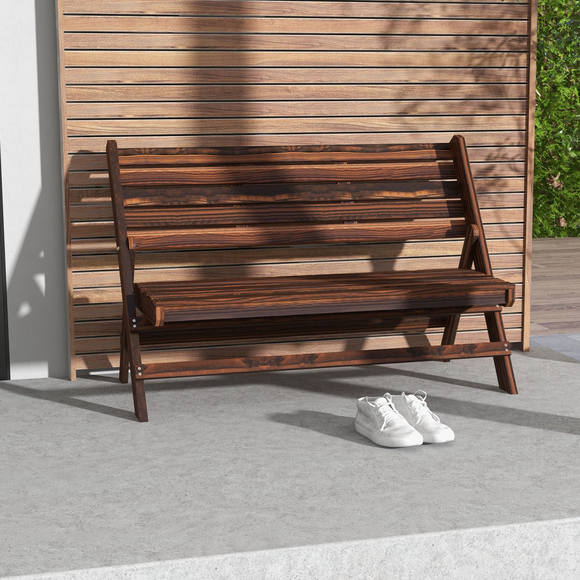 Outsunny Panchina da Giardino da 2 Posti Pieghevole, Panchina da Esterno a Doghe in Legno di Pino, Panca per Terrazza Patio e Cortile, 122x63x83 cm, Carbonizzato