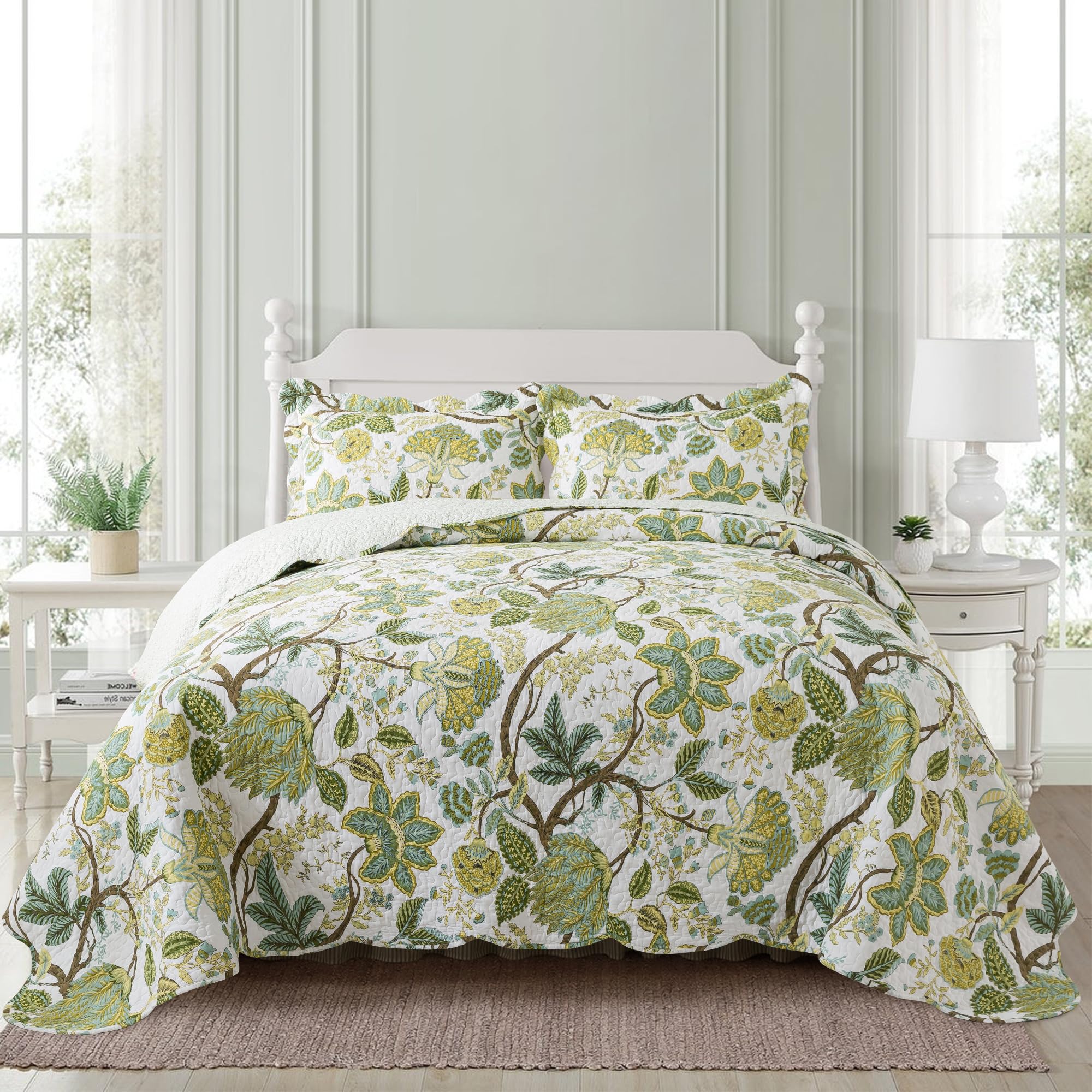 NEWLAKE Cotton Bedspread Quilt Sets - Reversible Patchwork Coverlet Set, Floral Vine Pattern, Queen Size