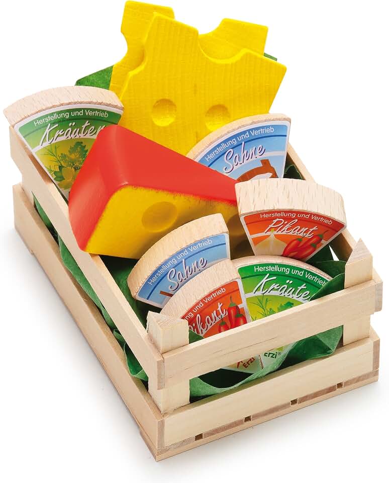 Erzi 28236 Sortiment Käse, klein aus Holz, Kaufladenartikel für Kinder, Rollenspiele