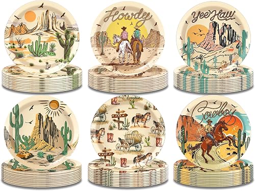OXYLIPO 48 Pieces Western Cowboy Cowgirl Paper Plates 7 Inch Disposable Wild West Rodeo Pattern Dessert Plates for Baby Shower Birthday Party Rodeo Bachelorette Party Decorations Tableware Supplies