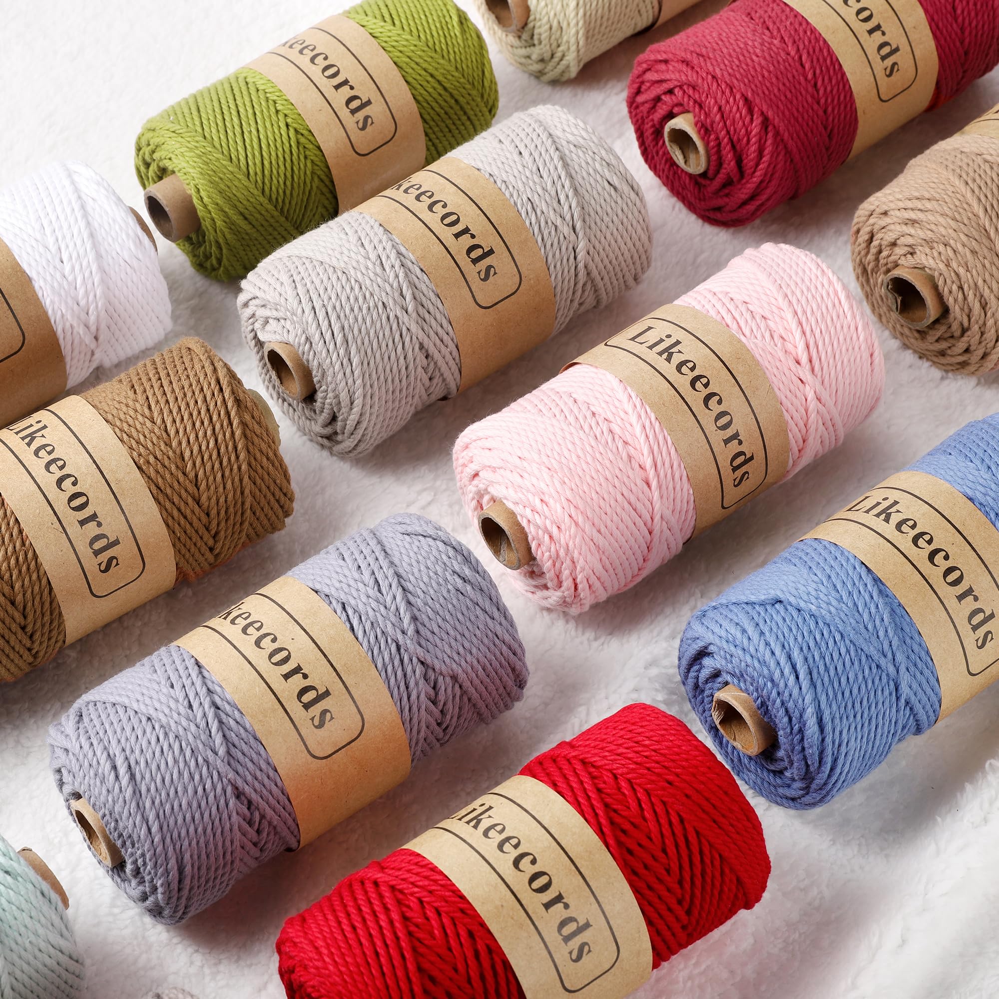 Likeecords Lot de 2 rouleaux de cordon en coton pour macramé, 3 mm x 100 m, 3 brins torsadés, fil pour macramé, fil pour macramé, cordon artisanal, pour tricot, suspension de plantes, décoration de