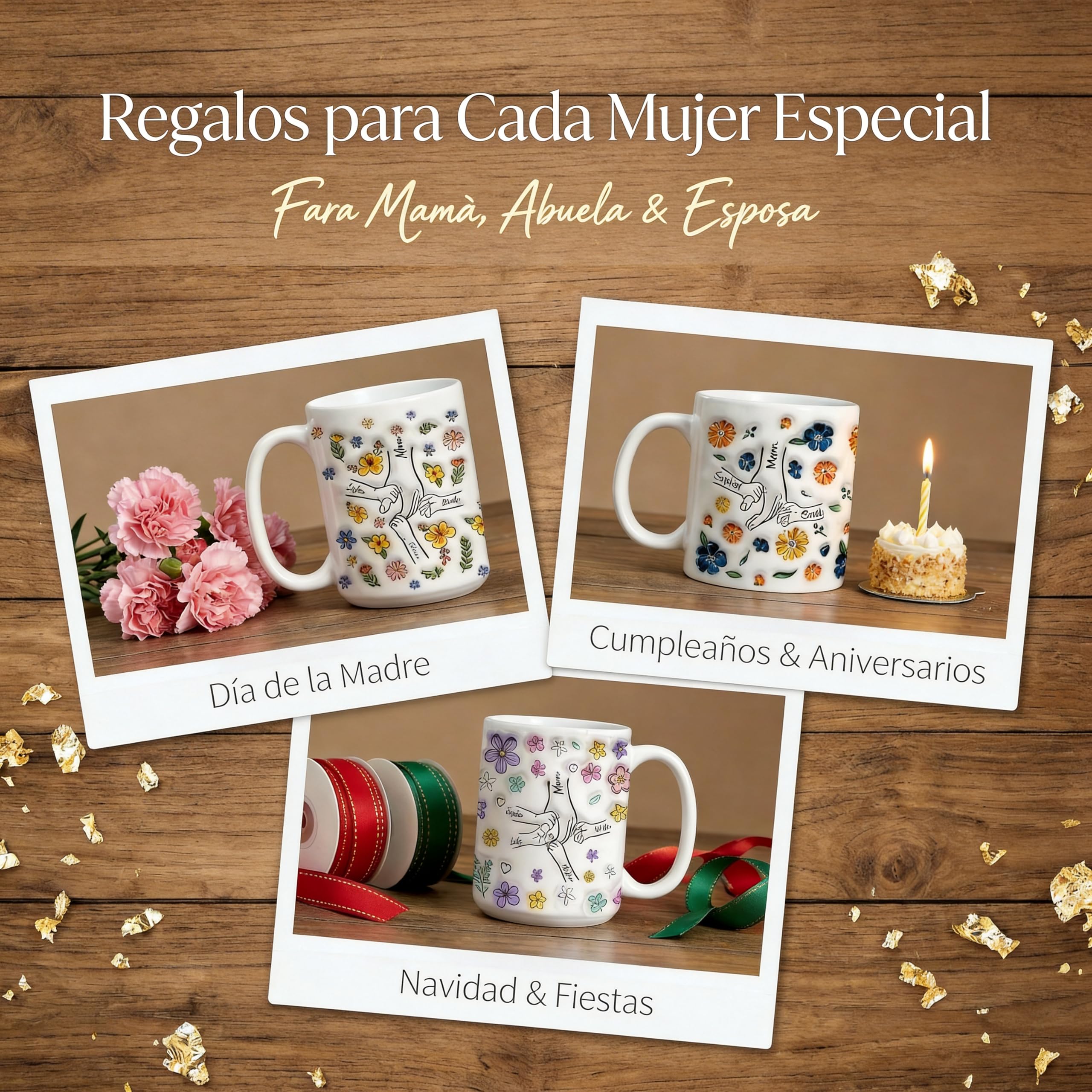 SOUFEEL Taza de abuela personalizada con nieto, abuela, mamá y nietos, flores a mano en mano, regalos personalizados para mamá y abuela, Patrón 3D taza de café, regalo del día de la madre — view 6