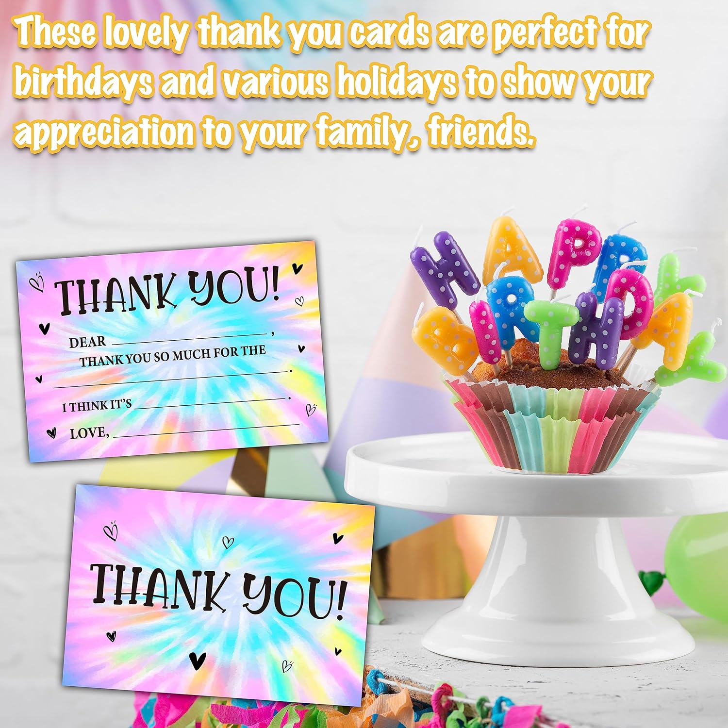 Tie Dye Thank You Cards, Rainbow Tie Dye Fill In The Blank Thank You Card, Thank You Notes for Boys Girls, Birthday Party Favors Supplies (20 Set of Cards with Envelopes) - B10 - Image 4
