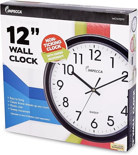 Miniatura 3 de Impecca WCW12M1 Reloj de pared con movimiento de barrido sin tictac, 12 pulgadas, color negro