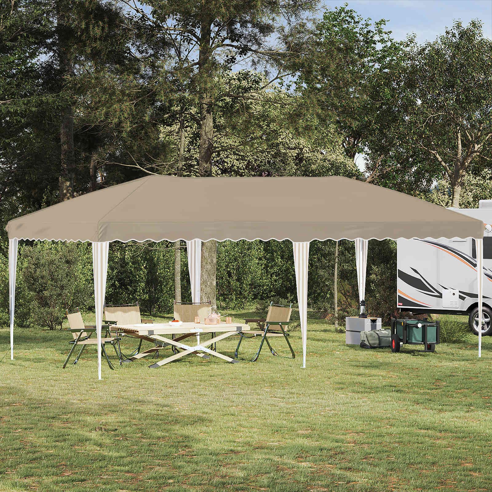 Pop-up namiot imprezowy kremowy, 575 x 290 x 245 cm, z malowaną proszkowo stalową ramą, składany i odporny na warunki atmosferyczne, odporny na działanie promieni UV, w zestawie torba do