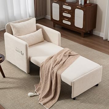 Iroomy 87Long Convertible Sleeper Chair, 3-in-1 Pull Out Sofa Bed, 5-Level Adjustable Single Sofa Bed with Pillows, Couches for Living Room, Small Space,Apartment,Dorm,College,RV,Beige