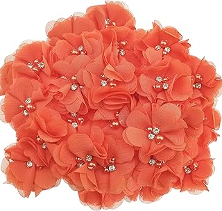 30 PCS Rhinestone Pearl Orange Chiffon Flower Sewing Fabric Appliques for Clothing, Headbands Flower, Crafts, Party Decoration, Sewing Applique