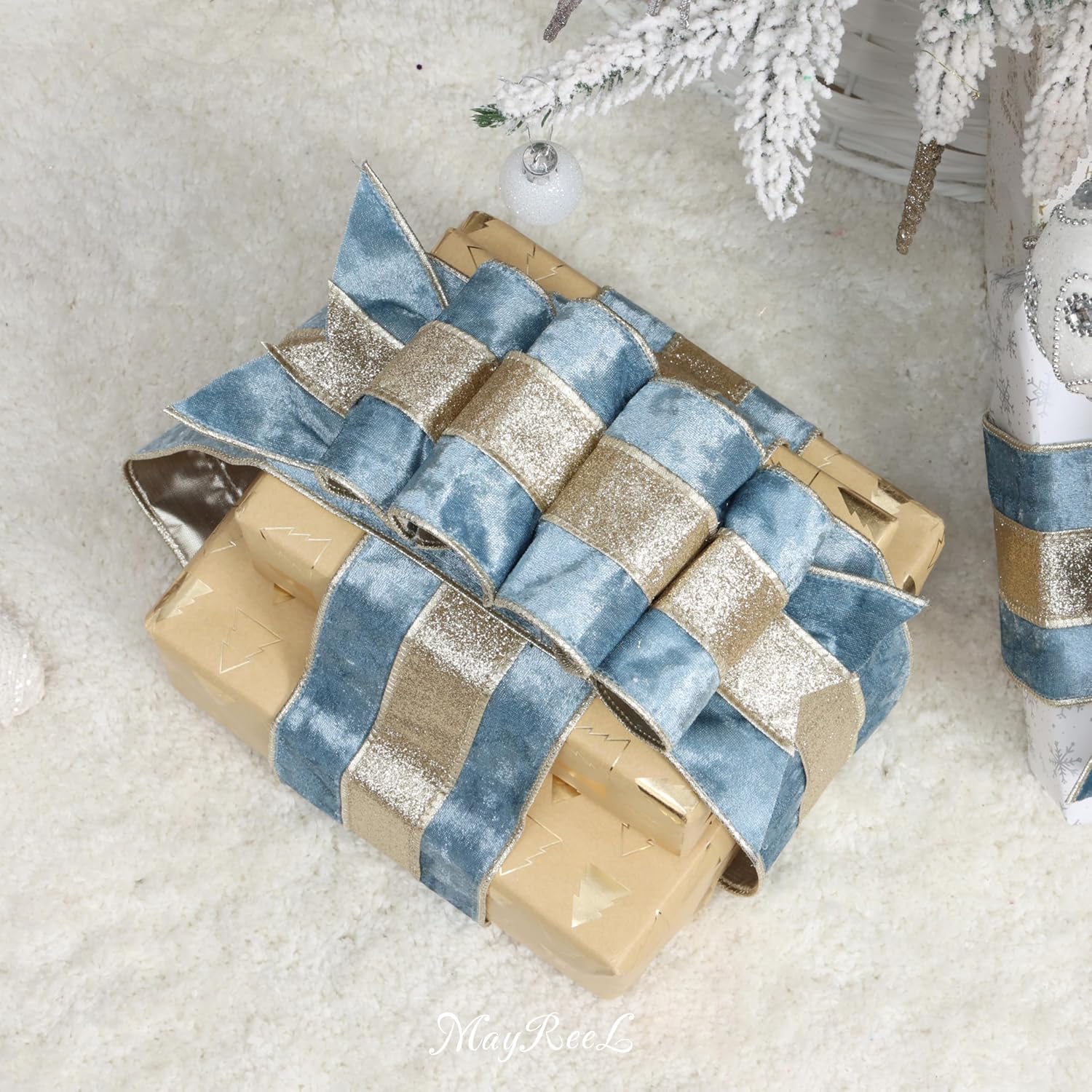MAYREEL Dusty Blue Crushed Velvet Wired Ribbon 4 Inch Extra Wide Christmas Ribbon with Champagne Gold Glitter Stripe, 10-Yard Roll for Christmas Tree, Wreaths, Bows & Elegant Holiday Décor